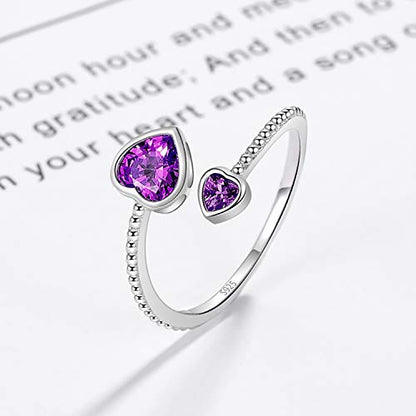 Step Forward 925 Sterling Silver Birthstone Rings for Women - Adjustable Open Heart Ring Constellation Month Band for Her Birthday Gifts Jewelry - color: February