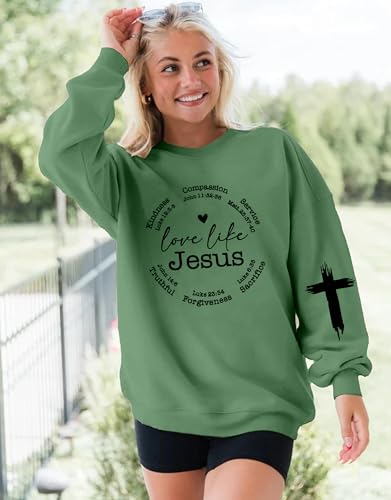 LOTUCY Christian Sweatshirt Women Love Like Jesus Shirt Faith Religious Saying Inspirational Casual lightweight Pullover - color: A-green, size: Medium