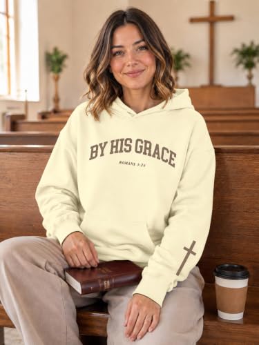 FAYALEQ Christian Sweatshirt By His Grace Letter Print Hoodie Christian Religious Sayings Sweater Bible Pullover Tops - color: Apricot, size: X-Large