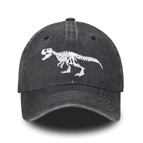Embroidered Baseball Cap for Women Men Vintage Adjustable Washed Distressed Denim Baseball Hat - color: Dinosaur Skeleton