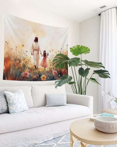 bitCNY Jesus and Girl Tapestry 60x50 Inches – Christian Tapestry for Kids Room, Gentle Faith Wall Hanging, Religious Art for Family Spaces - color: white-Jesus and Girl