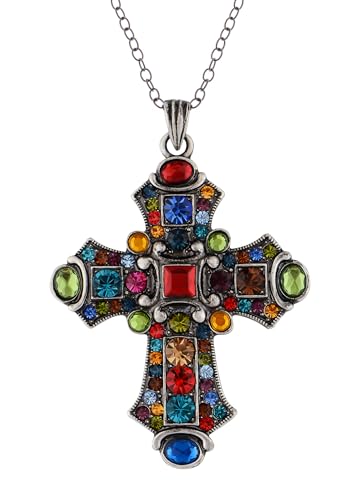 Alilang Silver Tone Stained Glass Rhinestone Patonce Cross Pendant Necklace with Religious Message Card & Envelope Christian Jewelry - style: Courage Journey