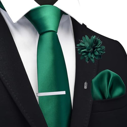 Branduce 3.15"（8cm） Mens Tie and Lapel Pin Solid Necktie Handkerchief Tie Clip Set for Men - color: Emerald Green