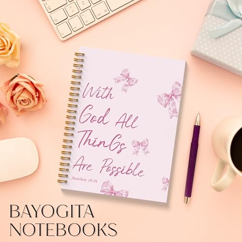 Pink Coquette Bow Christian Spiral Notebooks, With God All Things are Possible Bible Journaling Notebook, Religious Prayer Journal for Woman, Church Notes Notebook, 5.5x8.3 Inches - color: Pink God Bow