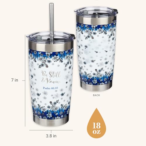 Christian Art Gifts Double Wall Vacuum Insulated Stainless Steel Travel Mug and Straw 18 oz Blue Floral Camp Style Coffee Mug with Lid for Women Laser-engraved- Be Still & Know -Psalm 46:10 - color: White & Blue/Be Still