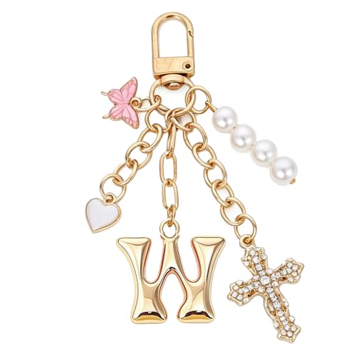 Cross Bag Charms Keychain - Butterflies Keyring Initial Purse Charm - color: Gold W