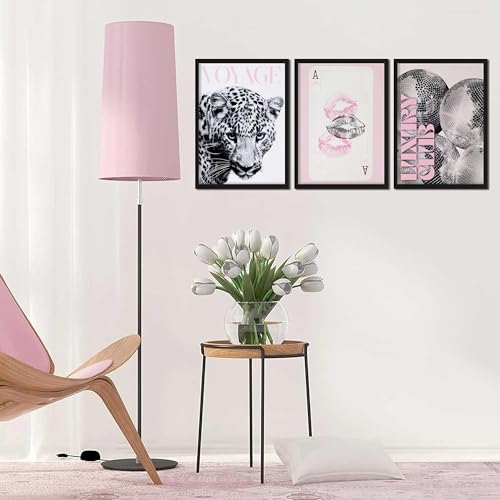 Pink Cheetah Wall Art Set of 3, Y2K Trendy Leopard Canvas Wall Decor Paintings, Preppy Black and White Cheetah Disco Posters Prints Pictures for Girly Room Bedroom Dorm 12x16 Inch Wood Framed - color: Pink Disco Leopard, size: 16L" x 12W"