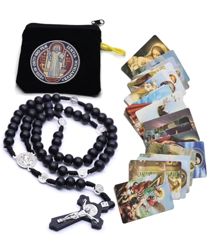 SZQCZB Wooden Rosary Beads Catholic for Men, Saint Benedict Medal and Cross - Comes in Gift Pouch and 18pcs Prayer Cards - color: Black