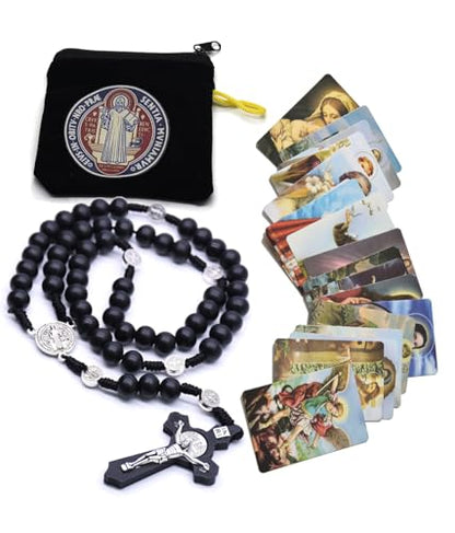 SZQCZB Wooden Rosary Beads Catholic for Men, Saint Benedict Medal and Cross - Comes in Gift Pouch and 18pcs Prayer Cards - color: Black