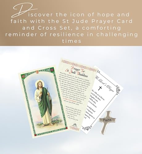Trendzeen St Jude Prayer Card - Laminated Saint Jude Prayer Card, Silver Handheld Faith Cross, The Lord's Prayer - Patron Saint of Hope and Impossible Causes Themed Set of 3 Items