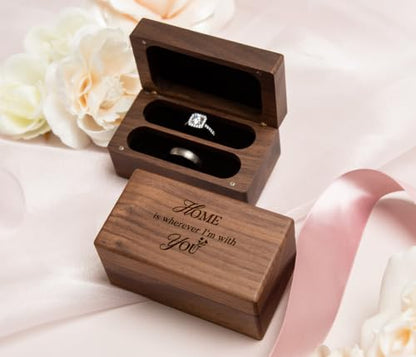 Quad Walnut Ring Box: Engraved "Home Is Wherever I'm With You" Wood Holder - color: Home