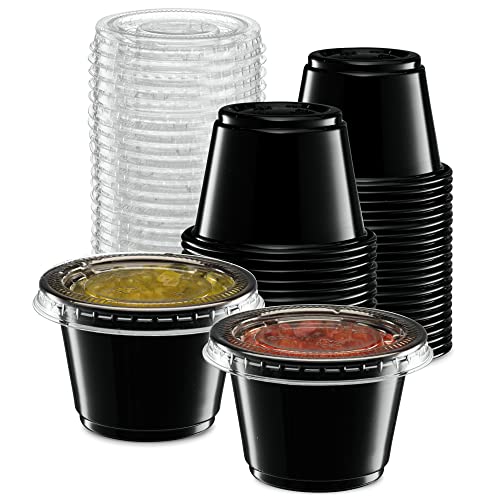 {2.5 oz - 100 Sets} Black Diposable Plastic Portion Cups With Lids, Small Mini Containers For Portion Controll, Jello Shots, Meal Prep, Sauce Cups, Slime, Condiments, Medicine, Dressings, Crafts, - color: Black, size: 2.5 Ounce