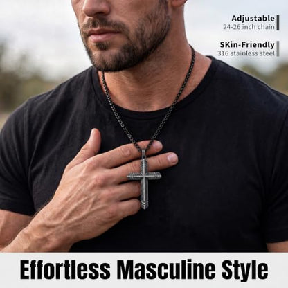 Stainless Steel Cross Necklace for Men with Adjustable Box Chain Christian Cross neckalce Gift - color: Grey-Black