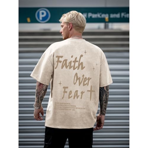 Christian Shirts for Men Faith Over Fear Acid Wash Tshirts Faith Religious Tees God Bible Verse Inspirational Tops - color: Apricot, size: Medium