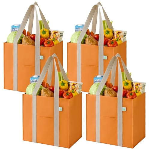 VENO 4 Pack Large Autumn Reusable Grocery Shopping Bags with Hard Bottom - color: Seasonal Autumn Orange