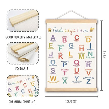 DNEULYR God Says I am Alphabet Christian Wall Art Poster for Kids, Bible Verse Affirmations Poster Hanger Frame for Nursery Toddler Kids Room Playroom Classroom Sunday School, 12x16 Inches - color: color24