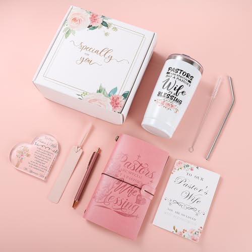 Gifts for Pastor Wife, Pastors Wife Appreciation Gifts 7pcs Set, 20oz Tumbler Leather Journal Cards Signs Pen Bookmark for Christian Christmas Birthday Retirement Anniversary - style: Pastor Wife