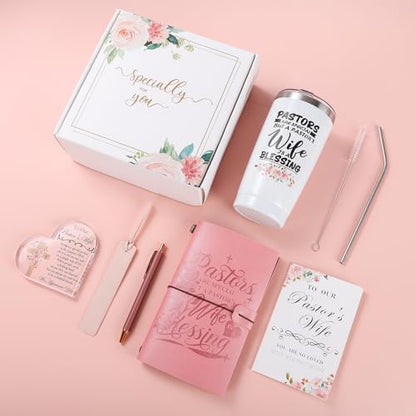 Gifts for Pastor Wife, Pastors Wife Appreciation Gifts 7pcs Set, 20oz Tumbler Leather Journal Cards Signs Pen Bookmark for Christian Christmas Birthday Retirement Anniversary - style: Pastor Wife