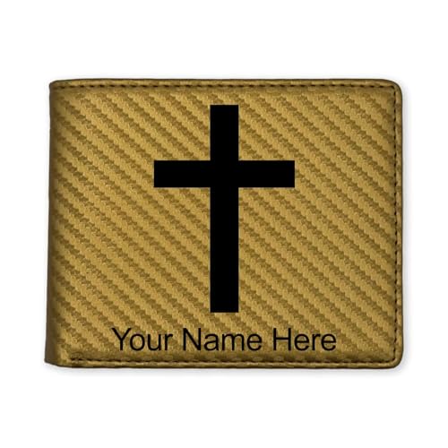 LaserGram Personalized Wallet, Christian Cross (Carbon Fiber Gold) - color: Carbon Fiber Gold