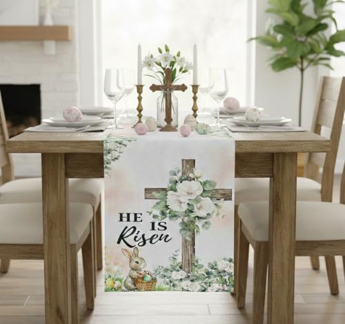 Easter Table Runner 13 x 72 Inch, He is Risen Religious Cross and Bunny with Eggs, Rustic Spring Floral Kitchen Dining Decor, Modern Farmhouse Holiday Table Runner for Indoor Outdoor Party - style: Bunny & Religious Cross