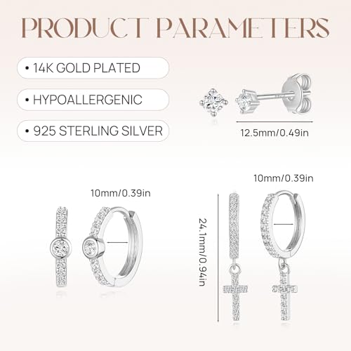 Angelady Gold Hoop Earrings Set for Women, Dainty 14K Gold Plated Flower Moon Cross Dangle Earrings, Hypoallergenic Huggie Hoop Earring Stacks, Stud Earrings for Women Trendy Jewelry Gift - color: Silver,Cross Earrings
