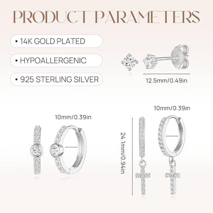 Angelady Gold Hoop Earrings Set for Women, Dainty 14K Gold Plated Flower Moon Cross Dangle Earrings, Hypoallergenic Huggie Hoop Earring Stacks, Stud Earrings for Women Trendy Jewelry Gift - color: Silver,Cross Earrings