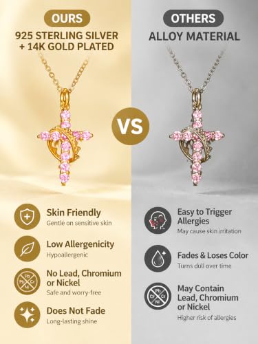 925 Sterling Silver Cross With Crown Necklace for Women 16+2 Inch - color: Gold-Pink CZ
