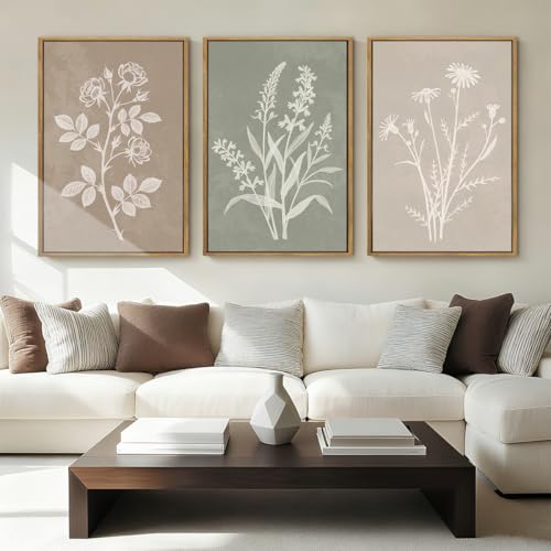 Anyzal Large Framed Boho Botanical Wall Art 16x24 Inch Neutral Plant Canvas Wall Decor Minimalist Floral Farmhouse Painting for Living Room Bedroom Dining Room Set of 3 - color: Neutral Plant, size: 24"L x 16"W