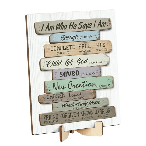 Putuo Decor Bible Verse Religious Sign - I am Who He Says I am, 2 Layer Blessing Plaque with Wooden Stand for Entryway Table Decor, Rustic Christian House Display, Gift for Housewarming - color: I Am Who He Says