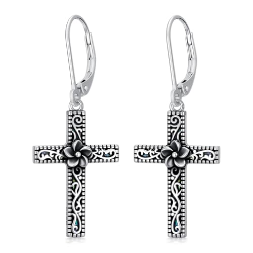 925 Sterling Silver Sunflower/Rose/Plumeria/Hibiscus/Mushroom Cross Earrings for Women Hawaiian Flower/Butterfly Cross Dangle Drop Earrings Jewelry Faith Christian Gift for Her Daughter Wife Girlfriend - style: Plumeria Cross