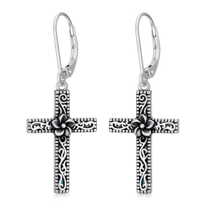 925 Sterling Silver Sunflower/Rose/Plumeria/Hibiscus/Mushroom Cross Earrings for Women Hawaiian Flower/Butterfly Cross Dangle Drop Earrings Jewelry Faith Christian Gift for Her Daughter Wife Girlfriend - style: Plumeria Cross