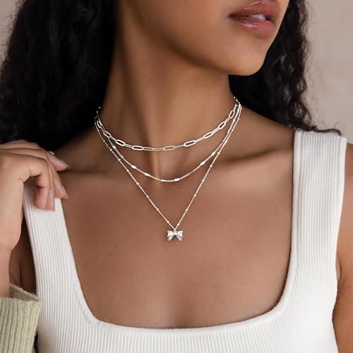 Poxtex Layered Gold Necklaces for Women, Stackable Dainty 14K Gold Silver Plated Trendy Simple Heart Diamond Cross Bow Circle Pendant Paperclip Choker Dot Chain Necklace,Jewelry Set Gifts for Women - color: Silver, style: Bow1