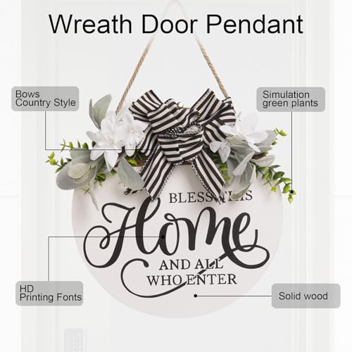 Welcome Sign for Front Door, 11.8 Inch Bless This Home and All Who Enter Sign with Wreaths, Round Wood Wall Hanging Decor for Home Front Porch Outdoor