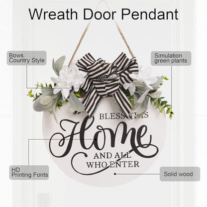 Welcome Sign for Front Door, 11.8 Inch Bless This Home and All Who Enter Sign with Wreaths, Round Wood Wall Hanging Decor for Home Front Porch Outdoor