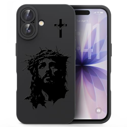for iPhone 17 Christian Phone Case, Crown Thorns Design - color: Black-Jesus Face, size: iPhone 17