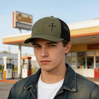 Unisex Embroidered 3 Nails Cross Hats for Men and Women,One Size Fits Most - color: 3 Nails Cross Trucker Hat Light Olive & Black