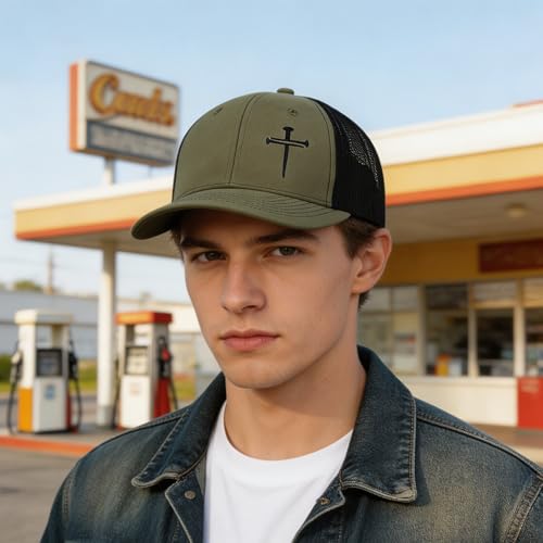 Unisex Embroidered 3 Nails Cross Hats for Men and Women,One Size Fits Most - color: 3 Nails Cross Trucker Hat Light Olive & Black