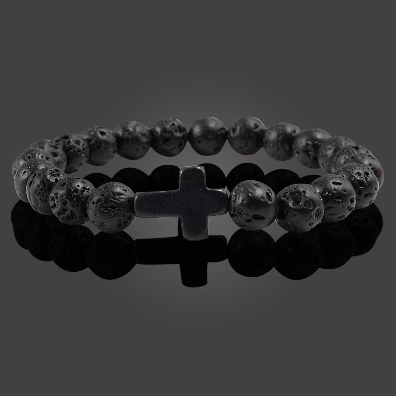 FORUBUS Lava Rock Stone Beaded Bracelet, Cross Charm Natural Volcanic Stone beads Turquoise Stretch Bracelet for Women Men Religion Jewelry Pray Baptism Gift - color: 1pcs black lava