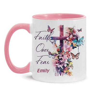 Custom Christian Faith Ceramic Cup, Floral Cross And Butterfly Design Mug, Personalized Name Motivational Cup, Christian Bible Verse Mug Gifts, Customized Christian Coffee Cup 11oz 15oz - color: HOA-624-2157-FAITH OVER FEAR MUG