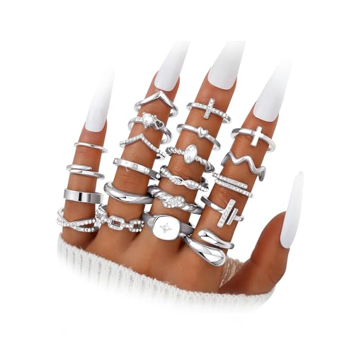Gold Stackable Rings Set for Women, Gold Plated Chunky Crystal Finger Rings - color: Silver CZ