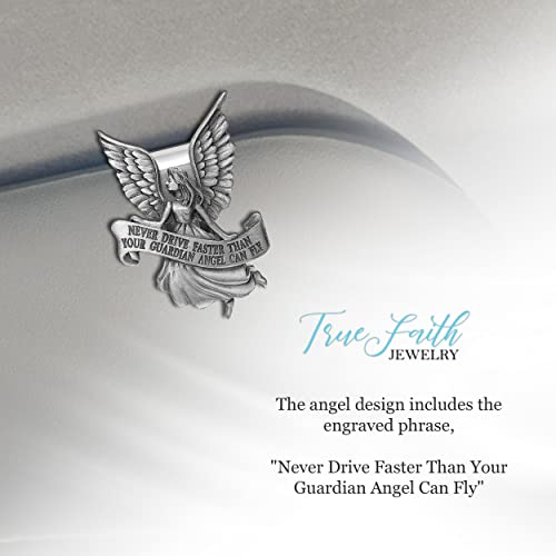 True Faith Jewelry Pewter Never Drive Faster Than Your Guardian Angel Can Fly Visor Clip, Driver Gift for Car, Travel Safely, Fine Pewter, 2-1/8 x 1-3/4 Inch - size: Travel Cross 3