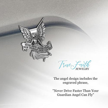 True Faith Jewelry Pewter Never Drive Faster Than Your Guardian Angel Can Fly Visor Clip, Driver Gift for Car, Travel Safely, Fine Pewter, 2-1/8 x 1-3/4 Inch - size: Travel Cross 3