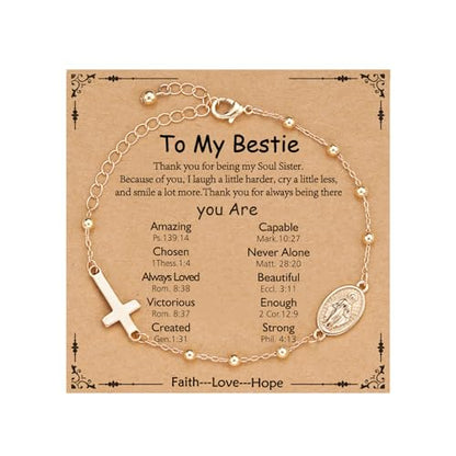 Gnamy Happy 13th 15th 16th 21th 30th 40th 50th Birthday Bracelet Gifts for Women Girls, 14k Gold Plated Virgin Mary Cross Bracelet Catholic Religious Friendship Jewelry for Her - style: To My Bestie