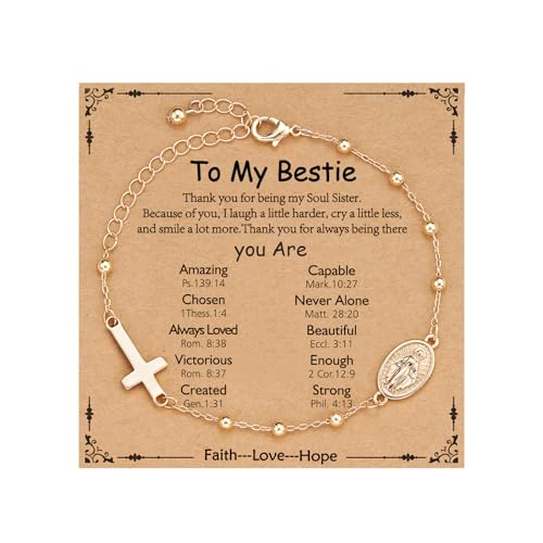Gnamy Happy 13th 15th 16th 21th 30th 40th 50th Birthday Bracelet Gifts for Women Girls, 14k Gold Plated Virgin Mary Cross Bracelet Catholic Religious Friendship Jewelry for Her - style: To My Bestie