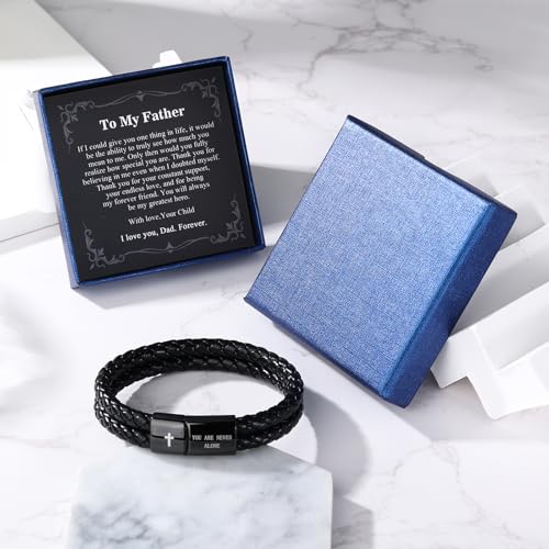 Christian Bracelet for Men, Bible Verse Leather Cross Gift for Men - color: A-To My Father-You Are Never Alone-Love You Forever