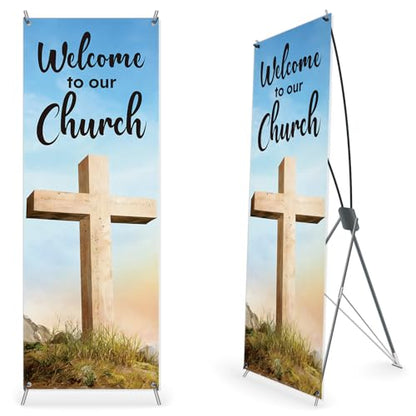 Hahafelt Welcome to Our Church Banner for Church 24 x 72 Inch Easter Adjustable X-Stand Banner Lent Ceremonies Religious Decorations Jesus Resurrection Banners for Christian Churches Supplies - size: 24 x 72 Inches, style: Welcome To Our Church,