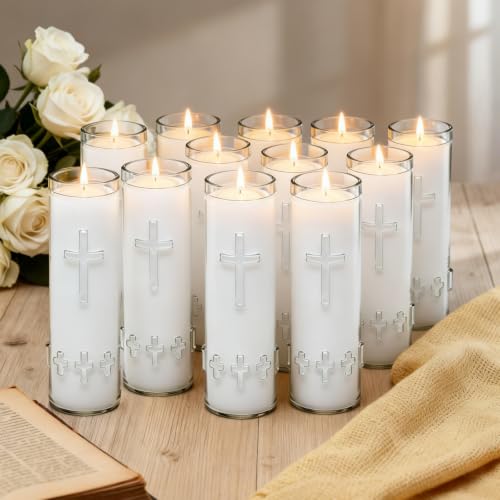 12 Pcs White Prayer Candle in Glass Catholic Candles -Unscented, Smokeless, Long Burning & Devotional Pillar Candles for Church, Vigil, Memorial Altar, and Daily Prayer - color: White, size: 12