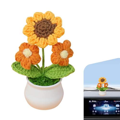 Car Crochet Sunflower Ornament, Cute Soft Lightweight Car Sunflower Dashboard Decor, Non-Slip Self-Adhesive Auto Interior Handmade Decoration for Women, Universal for Most Cars (Style C) - color: Style C & Yellow