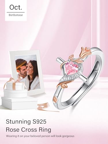 Birthday Gifts Birthstone Rings for Women 925 Sterling Silver Birthstone Rings Anchor/Tree of Life/Snake/Rose Cross Faith Religous Jewelry Gift for Wife Mom Grandma - color: 10-Tourmaline (C), style: Rose Cross