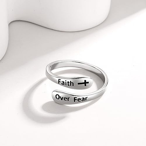 STROLLGIRL 925 Sterling Silver Faith over Fear Ring Faith Religious Jewelry Quote Ring Friend Daughter Gifts